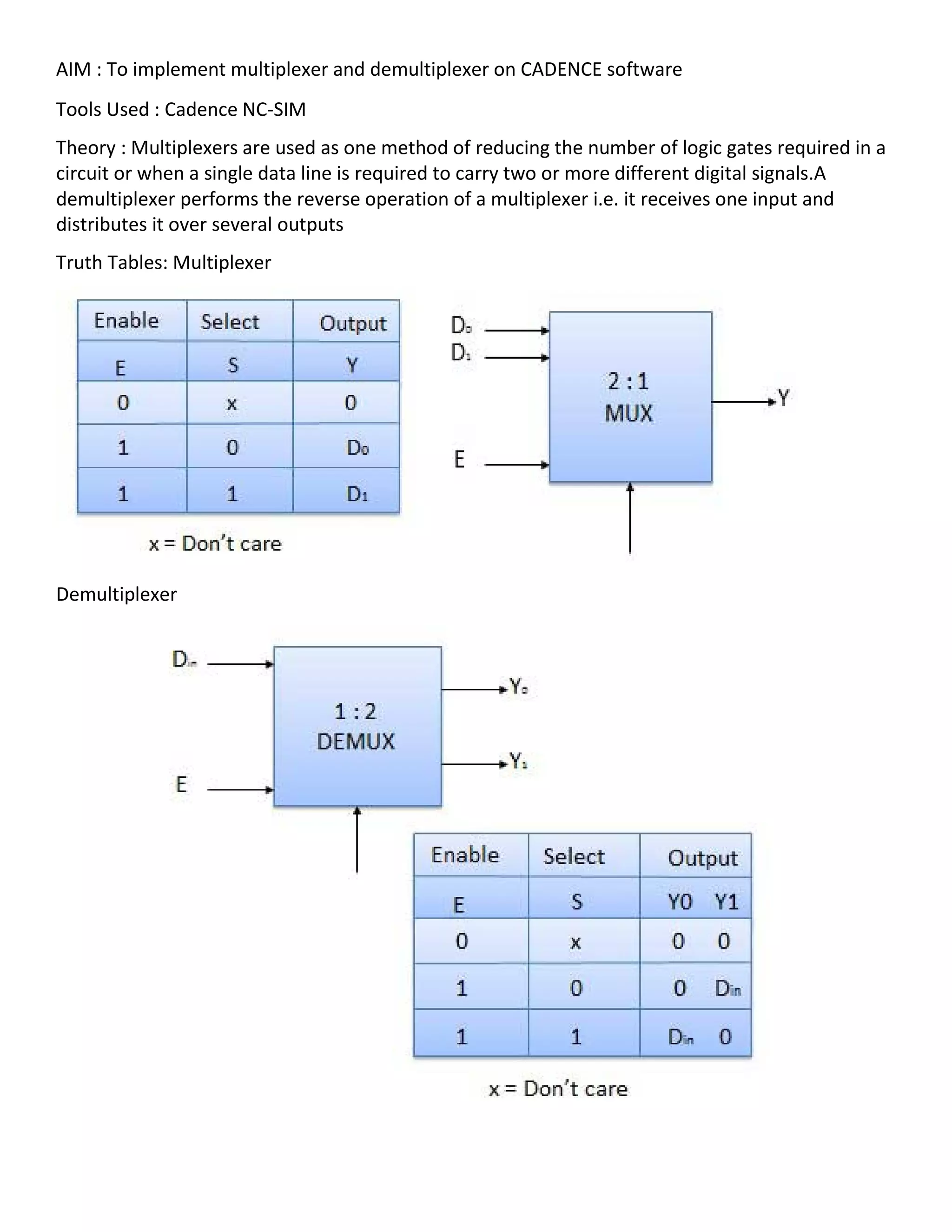 AIM : To implement multiplexer and demultiplexer on CADENCE software
Tools Used : Cadence NC-SIM
Theory : Multiplexers are used as one method of reducing the number of logic gates required in a
circuit or when a single data line is required to carry two or more different digital signals.A
demultiplexer performs the reverse operation of a multiplexer i.e. it receives one input and
distributes it over several outputs
Truth Tables: Multiplexer
Demultiplexer