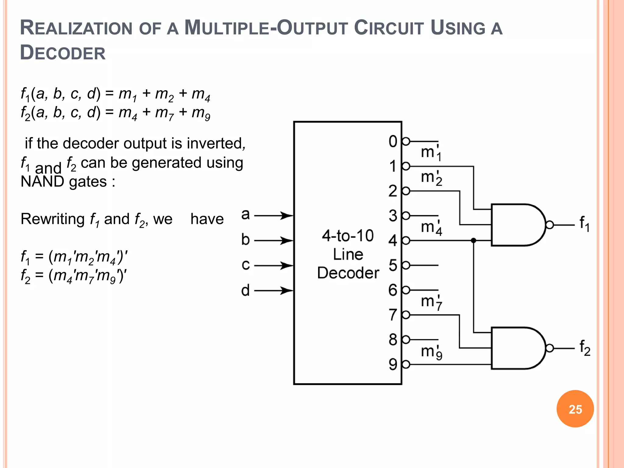 REALIZATION OF A MULTIPLE-OUTPUT CIRCUIT USING A
DECODER
f1(a, b, c, d) = m1 + m2 + m4
f2(a, b, c, d) = m4 + m7 + m9

 if the decoder output is inverted,
f1 and f2 can be generated using
NAND gates :

Rewriting f1 and f2, we   have

f1 = (m1′m2′m4′)′
f2 = (m4′m7′m9′)′




                                                   25
 