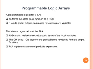 Programmable Logic Arrays
A programmable logic array (PLA) :
 performs the same basic function as a ROM
 n inputs and m outputs can realize m functions of n variables


The internal organization of the PLA:
 AND array : realizes selected product terms of the input variables
 The OR array : Ors together the product terms needed to form the output
  functions
 PLA implements a sum-of-products expression.




                                                                            29
 