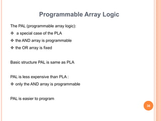 Programmable Array Logic
The PAL (programmable array logic):
 a special case of the PLA
 the AND array is programmable
 the OR array is fixed


Basic structure PAL is same as PLA


PAL is less expensive than PLA :
 only the AND array is programmable


PAL is easier to program
                                          36
 