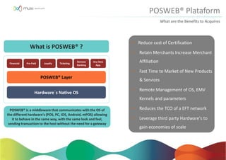 What is POSWEB® ?
POSWEB® is a middleware that communicates with the OS of
the different hardware's (POS, PC, iOS, Android, mPOS) allowing
it to behave in the same way, with the same look and feel,
sending transaction to the host without the need for a gateway
Financial Pre-Paid Loyalty Ticketing
Remote
Banking
Any New
App.
POSWEB® Layer
Hardware´s Native OS
POSWEB® Plataform
What are the Benefits to Acquires
• Reduce cost of Certification
• Retain Merchants Increase Merchant
Affiliation
• Fast Time to Market of New Products
& Services
• Remote Management of OS, EMV
Kernels and parameters
• Reduces the TCO of a EFT network
• Leverage third party Hardware's to
gain economies of scale
 