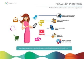 Wants to pay with mobile
payments at all channels
Wants a simple payment
experience
Wants to use any e-
wallet
Wants to
feel secure
Wants to interact
with social media
Platform that enhances the consumer experience
POSWEB® Plataform
Wants a single platform that units, payments, loyalty, coupons, gift cards etc.
 