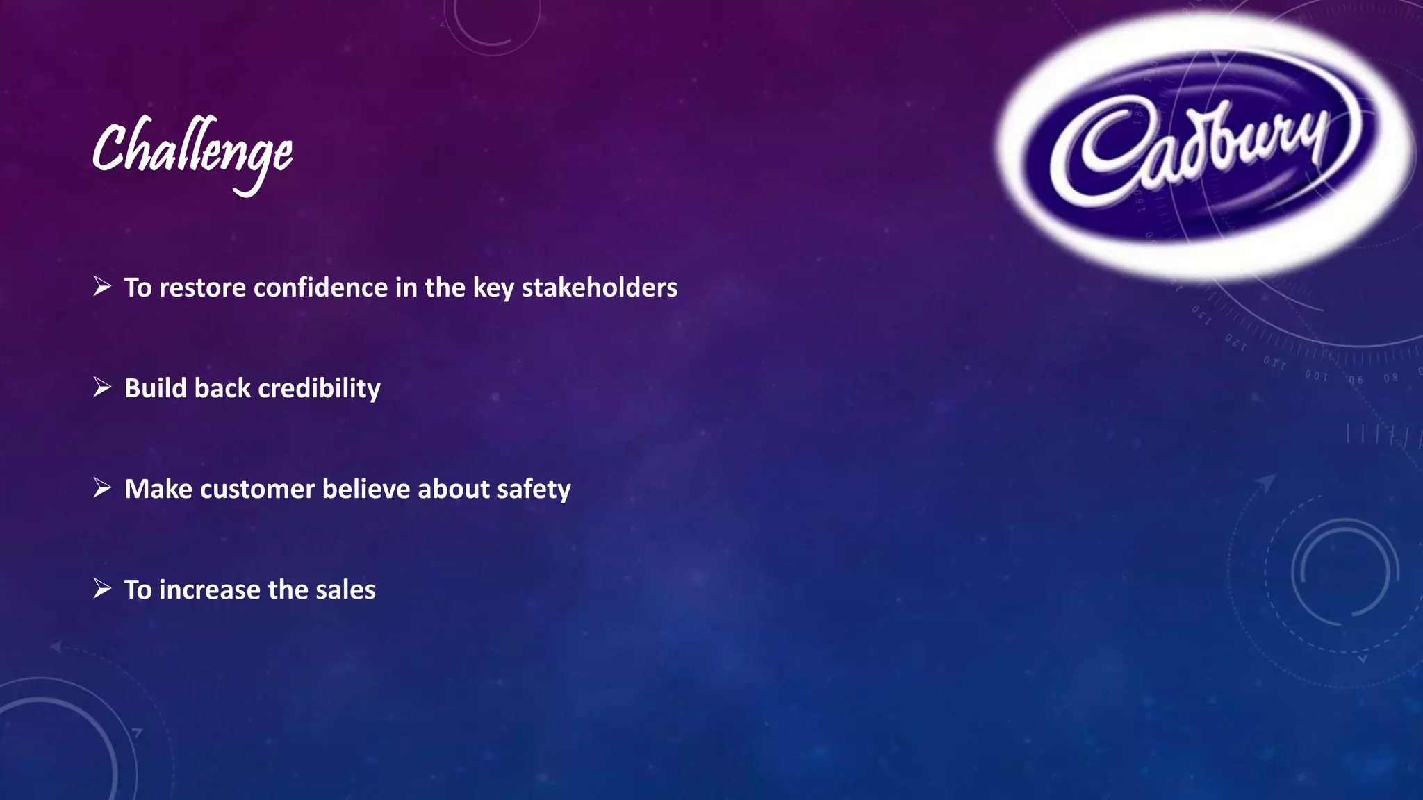 Challenge 
 To restore confidence in the key stakeholders 
 Build back credibility 
 Make customer believe about safety 
 To increase the sales 
 