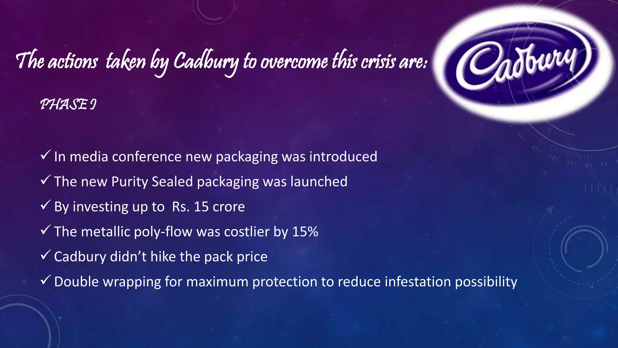 The actions taken by Cadbury to overcome this crisis are: 
PHASE I 
 In media conference new packaging was introduced 
 The new Purity Sealed packaging was launched 
 By investing up to Rs. 15 crore 
 The metallic poly-flow was costlier by 15% 
 Cadbury didn’t hike the pack price 
 Double wrapping for maximum protection to reduce infestation possibility 
 