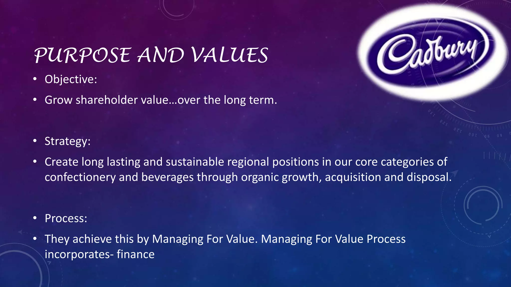 PURPOSE AND VALUES 
• Objective: 
• Grow shareholder value…over the long term. 
• Strategy: 
• Create long lasting and sustainable regional positions in our core categories of 
confectionery and beverages through organic growth, acquisition and disposal. 
• Process: 
• They achieve this by Managing For Value. Managing For Value Process 
incorporates- finance 
 