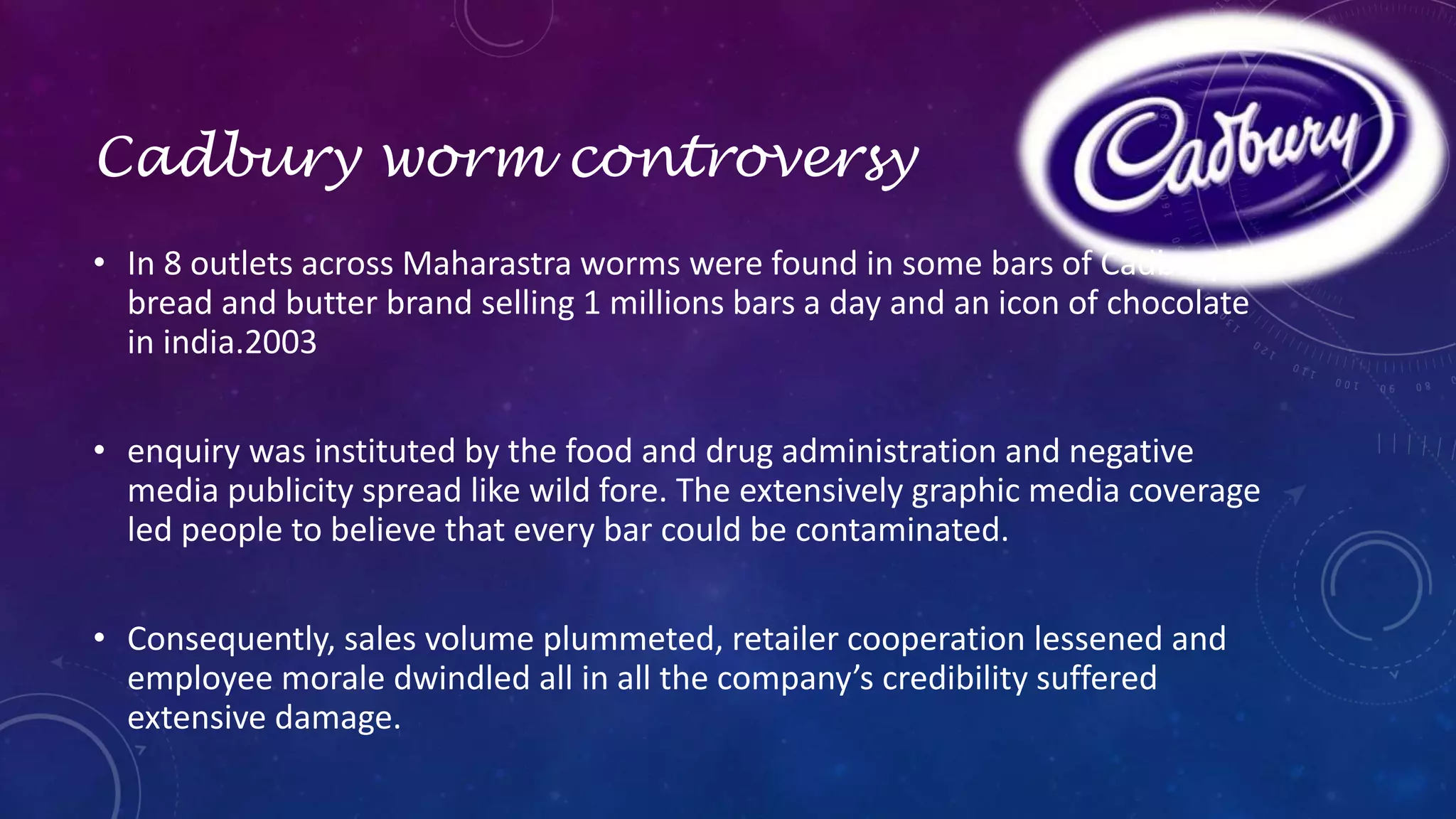 Cadbury worm controversy 
• In 8 outlets across Maharastra worms were found in some bars of Cadbury’s 
bread and butter brand selling 1 millions bars a day and an icon of chocolate 
in india.2003 
• enquiry was instituted by the food and drug administration and negative 
media publicity spread like wild fore. The extensively graphic media coverage 
led people to believe that every bar could be contaminated. 
• Consequently, sales volume plummeted, retailer cooperation lessened and 
employee morale dwindled all in all the company’s credibility suffered 
extensive damage. 
 