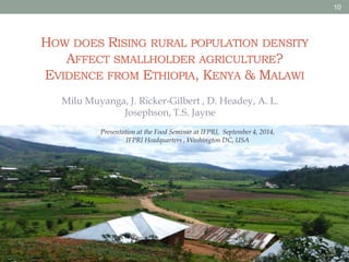 HOW DOES RISING RURAL POPULATION DENSITY 
AFFECT SMALLHOLDER AGRICULTURE? 
EVIDENCE FROM ETHIOPIA, KENYA & MALAWI 
Milu Muyanga, J. Ricker-Gilbert , D. Headey, A. L. 
Josephson, T.S. Jayne 
Presentation at the Food Seminar at IFPRI, September 4, 2014, 
IFPRI Headquarters , Washington DC, USA 
10 
Photo: Christiaensen and Demery (2007) 
 