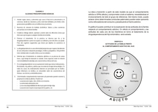 CUADRO 5                                                                 La idea a transmitir a partir de este modelo es que el comportamiento
                      ALGUNAS PRESCRIPCIONES BÁSICAS                                                            adictivo a SPAs afecta y compromete a todo el sistema, necesitándose el
                                                                                                                involucramiento de todo el grupo de referencia. Del mismo modo, puede
     1. Instalar reglas claras y coherentes que sean el fruto de la concertación y el                           aclarar cómo determinadas conductas paternales pueden estar operando
        consenso, donde las relaciones y roles estén bien definidos y los límites entre                         como reforzadores del consumo y perpetuando el hecho adictivo.
        generaciones posibiliten a la vez la diferencia y la armonía.
     2. Ausencia de consumo de bebidas alcohólicas, tabaco y otras sustancias                                   El gráfico 6 puede contribuir en la explicación de las actitudes de la familia
        psicoactivas en el entorno familiar.                                                                    respecto al comportamiento adictivo. En efecto el comportamiento y las
     3. Establecer diálogo abierto, oportuno y atento sobre los diferentes temas que
                                                                                                                actitudes de cada uno de los miembros en torno al tratamiento de la
        interesan o preocupan a cualquier miembro de la familia.                                                drogodependencia del hijo sintomático será variada.

     4. Priorizar el tratamiento. En la práctica se observa que los y las
        drogodependientes suelen no aceptar su condición y son reticentes a la ayuda.                                                            GRÁFICO 6
        Para ello esgrimen argumentos que tienen por objetivo no someterse al
                                                                                                                                      ACTITUDES DE LA FAMILIA FRENTE
        tratamiento.
                                                                                                                                  AL COMPORTAMIENTO ADICTIVO DEL HIJO
     5. La drogodependencia es una enfermedad progresiva que requiere inicialmente
        de una exhaustiva evaluación psicológica, médica y psiquiátrica. Ello permitirá
        tener claridad sobre el cuadro clínico y sus necesidades.
     6. Informar que el tratamiento en conductas adictivas es un proceso de varias                                                       -
        fases, cuyo tiempo de duración es variado. Estos aspectos están en relación
        con la modalidad de abordaje y las características clínicas del caso.
                                                                                                                                                          +
                                                                                                                                              Padre           Madre
     7. El o la drogodependiente no necesariamente tendrá que tomar medicamentos.
        No obstante, hay adictos y adictas que necesitan de terapia farmacológica. En
        todos los casos, los medicamentos deberán ser prescriptos por un médico,                                              +
        quien informará a la familia y al consumidor sobre las características del                                                                                       -
        fármaco, sus efectos y contraindicaciones.                                                                              Hermano
     8.    Determinados comportamientos maternales y/o paternales pueden sostener y
          perpetuar la conducta adictiva. Pueden ser:
          - La ausencia de reglas, roles, límites en el sistema.                                                                                                      Hermano
          - La extremada sobreprotección.
          - La excesiva disponibilidad de dinero por parte del hijo o hija.
          - La ausencia de respeto a la jerarquía de los padres, etc.                                                             Hermana                     +
                                                                                                                                          -
                                                                                                                                                    Hermana




                                                                      Milton Rojas Valero - CEDRO - 2006                                                                  Milton Rojas Valero - CEDRO - 2006
36                                                                                                         34
 