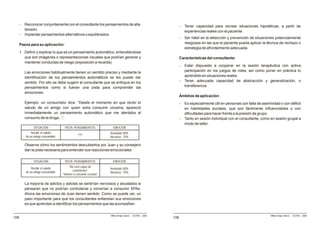 -   Reconocer conjuntamente con el consultante los pensamientos de alta                                 -   Tener capacidad para recrear situaciones hipotéticas, a partir de
          tensión.                                                                                                experiencias reales con el paciente.
      -   Implantar pensamientos alternativos o equilibrados.
                                                                                                              -   Ser hábil en la detección y prevención de situaciones potencialmente
      Pasos para su aplicación:                                                                                   riesgosas en las que el paciente pueda aplicar la técnica de rechazo o
                                                                                                                  estrategia de afrontamiento adecuada.
      1. Definir y explicar lo que es un pensamiento automático, entendiéndose
         que son imágenes o representaciones visuales que podrían generar y                                   Características del consultante:
         mantener conductas de riesgo (exposición a recaída).
                                                                                                              -   Estar dispuesto a cooperar en la sesión terapéutica con activa
          Las emociones habitualmente tienen un sentido preciso y mediante la                                     participación en los juegos de roles, así como poner en práctica lo
          identificación de los pensamientos automáticos se les puede dar                                         aprendido en situaciones reales.
          sentido. Por ello se debe sugerir al consultante que se enfoque en los                              -   Tener adecuada capacidad de abstracción y generalización, o
          pensamientos como si fueran una pista para comprender las                                               transferencia.
          emociones.
                                                                                                              Ámbitos de aplicación:
          Ejemplo: un consumidor dice: “Desde el momento en que recibí el                                     -   Es especialmente útil en personas con falta de asertividad o con déficit
          saludo de un amigo con quien solía consumir cocaína, apareció                                           en habilidades sociales, que son fácilmente influenciables o con
          inmediatamente un pensamiento automático que me alentaba al                                             dificultades para hacer frente a la presión de grupo.
          consumo de la droga...”.                                                                            -   Tanto en sesión individual con el consultante, como en sesión grupal a
                                                                                                                  modo de taller.
               SITUACIÓN             PISTA: PENSAMIENTOS             EMOCIÓN
              Recibir el saludo                                    Ansiedad: 80%
          de un amigo consumidor.               ???
                                                                   Nervioso: 70%

          Observe cómo los sentimientos descubiertos por Juan y su consejero
          dan la pista necesaria para entender sus reacciones emocionales

               SITUACIÓN             PISTA: PENSAMIENTOS             EMOCIÓN

              Recibir el saludo          “No seré capaz de
                                                                   Ansiedad: 80%
          de un amigo consumidor.           controlarme”
                                                                   Nervioso: 70%
                                    “Volveré a consumir cocaína”

          La mayoría de adictos y adictas se sentirían nerviosos y asustados si
          pensaran que no podrían controlarse y volverían a consumir SPAs.
          Ahora las emociones de Juan tienen sentido. Como se puede ver, un
          paso importante para que los consultantes entiendan sus emociones
          es que aprendan a identificar los pensamientos que las acompañan.


                                                                   Milton Rojas Valero - CEDRO - 2006                                                                  Milton Rojas Valero - CEDRO - 2006
108                                                                                                     106
 