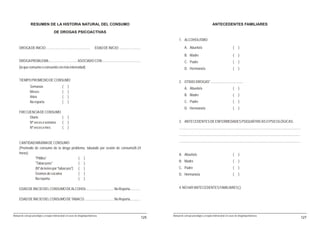 RESUMEN DE LA HISTORIA NATURAL DEL CONSUMO                                                                                                                 ANTECEDENTES FAMILIARES

                                       DE DROGAS PSICOACTIVAS

                                                                                                                                     1. ALCOHOLISMO:

     DROGA DE INICIO: ..................................................       EDAD DE INICIO: ........................                    A. Abuelo/a                                             (     )

                                                                                                                                           B. Madre                                                (     )
     DROGA PROBLEMA:.................. .............. ASOCIADO CON:............................................                            C. Padre                                                (     )
     (la que consume o consumió con más intensidad)                                                                                        D. Hermano/a                                            (     )


     TIEMPO PROMEDIO DE CONSUMO                                                                                                      2. OTRAS DROGAS* .....................................
                Semanas                         (    )                                                                                     A. Abuelo/a                                             (     )
                Meses                           (    )
                Años                            (    )                                                                                     B. Madre                                                (     )
                No reporta                      (    )                                                                                     C. Padre                                                (     )
                                                                                                                                           D. Hermano/a                                            (     )
     FRECUENCIA DE CONSUMO
          Diario            (                        )
          Nº veces x semana (                        )                                                                               3. ANTECEDENTES DE ENFERMEDADES PSIQUIÁTRICAS O PSICOLÓGICAS:
          Nº veces x mes    (                        )                                                                               ............................................................................................................................................
                                                                                                                                     ............................................................................................................................................

     CANTIDAD MÁXIMA DE CONSUMO                                                                                                      ............................................................................................................................................
     (Promedio de consumo de la droga problema, tabulado por sesión de consumo/8-24
     horas)                                                                                                                          A. Abuelo/a                                                   (     )
               "Pitillos"                   ( )
                                                                                                                                     B. Madre                                                      (     )
               "Tabacazos"                  ( )
               (Nº de ketes por "tabacazo") ( )                                                                                      C. Padre                                                      (     )
               Gramos de cocaína            ( )                                                                                      D. Hermano/a                                                  (     )
               No reporta                   ( )

     EDAD DE INICIO DEL CONSUMO DE ALCOHOL:............................... No Reporta............                                    4. NO HAY ANTECEDENTES FAMILIARES( )


     EDAD DE INICIO DEL CONSUMO DE TABACO: ................................. No Reporta............



Manual de consejo psicológico y terapia motivacional en casos de drogodependencias                                              Manual de consejo psicológico y terapia motivacional en casos de drogodependencias
                                                                                                                          125                                                                                                                                                       127
 