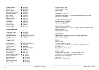 Edgar Rodríguez           ( : 4705498                                                          CLÍNICA SANTA ANA
      Milton Rojas              ( : 92759622.                                                        Av. Arica 448, San Miguel
      América Salazar           ( : 9639844                                                          ( : 460 7800
      Yolanda Sanez Briceño     ( : 476 2474
      Roberto Santisteban       ( : 99142084                                                         CLÍNICA VILLA SALUD
      Nancy Valdez              ( : 99530601                                                         Alameda la Encantada 170-176, Urb. La Encantada de Villa, Chorrillos
      Miguel Vallejos           ( : 9976 6443                                                        ( : 254 0111 – 254 5966
      Marlyn Yupanqui           ( : 2631414
      María Calvo               ( : 97265024                                                         CLÍNICA VICENZO CHIARUGUI
      Luis Espinoza             ( : 97409069                                                         Av. San Luis 2888, San Borja
      Selene Soto               ( : 96723934                                                         ( : 476-6606-224-6878
      Azucena Avalos            ( : 97488345
      Alonso Vergara            ( : 96136799                                                         CLÍNICA RESURRECCIÓN
                                                                                                     Alameda del Espinel esq. Corsario, Las brisas de Villa - Chorrillos (frente
      Psicoterapia familiar                                                                          sede verano BCP).
                                                                                                     ( : 254 5211 – 254 1598
      Laura López Trilles       ( : 5255789
      Laura Osso Lynch          ( : 9912 1091                                                        CLÍNICA PINEL
      Edwin Peñaherrera         ( : 460 3879 – 963 8082                                              Dean Saavedra 148 (altura cdra 25 Av. La Marina), San Miguel
      Alicia Quintana           ( : 449 2886                                                         ( : 578 1118 – 578 1106

      PSIQUIATRAS                                                                                    CADES
                                                                                                     CADES RIMAC
      Victoria Ángeles          ( : 4744508 / 990999104                                              Jr. Manco Capac 146, Rimac
      Mauricio Benavente        ( : 99153226                                                         (Frente al Colegio España. Cerca de la Alameda de los Descalzos)
      Carlos Cachay             ( : 96460610                                                         ( : 4830700
      Alicia Chu                ( : 2631207 - 9947179                                                Encargado: Mg. Mery Pancorvo
      Manuel Fernández          ( : 265 4191
      José Galindo Tipacti      ( : 9867 7082                                                        CADES CALLAO
      Gloria Grados             ( : 98672062                                                         Av. Saenz Peña 164, Callao : 4292163 – 4290052 (234).
      Jaime Jiménez Hernández   ( : 471 6535                                                         Encargado: Ps. Marlyn Yupanqui CADES TRUJILLO
      José Li Ning Anticona        ( : 440 0638                                                      Prolongación César Vallejo S/N
      Alfonso Mendoza              ( : 421-9939                                                      ( : 212322
      Rafael Navarro               ( : 441-3585                                                      Encargado: Ps. Miguel Vallejo
      Carlos Núñez Chávez          ( : 467 0252
      Rosanna Ñaupari              ( : 97369422


                                                          Milton Rojas Valero - CEDRO - 2006                                                                 Milton Rojas Valero - CEDRO - 2006
156                                                                                            154
 