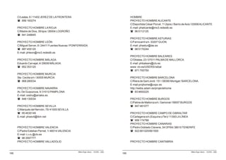 C/Lealas, 6 / 11402 JEREZ DE LA FRONTERA                                                 HOMBRE
      ( : 956 183274                                                                           PROYECTO HOMBRE ALICANTE
                                                                                               C/Deportista César Porcel, 11 (bjos) / Barrio de Asís / 03006 ALICANTE
      PROYECTO HOMBRE LA RIOJA                                                                 E-mail: phalicante@mx3.redestb.es
      C/Madre de Dios, 39 bjos / 26004 LOGROÑO                                                 ( : 96 5112125
      ( : 941 248845
                                                                                               PROYECTO HOMBRE ASTURIAS
      PROYECTO HOMBRE LEÓN                                                                     C/Ferrocarril s/n. 33207 GIJON.
      C/Miguel Server, 8 / 24411 Fuentes Nuevas / PONFERRADA                                   E-mail: phastur@las.es
      ( : 987 455120                                                                           ( : 98 5170244
      E-mail: phleon@mx3.redestb.es
                                                                                               PROYECTO HOMBRE BALEARES
      PROYECTO HOMBRE MÁLAGA                                                                   C/Oblatas, 23 / 07011 PALMA DE MALLORCA.
      Eduardo Carvajal, 4/ 29006 MÁLAGA.                                                       E-mail: phbalears@ctv.es
      ( : 952 353120                                                                           www: ctv.es/USERS/raibal
                                                                                               ( : 971 793750
      PROYECTO HOMBRE MURCIA
      Sta. Cecilia s/n / 30005 MURCIA                                                          PROYECTO HOMBRE BARCELONA
      ( : 968 280034                                                                           C/Riera de Sant Jordi. 151 / 08390 Montgat / BARCELONA.
                                                                                               E-mail:projhome@copc.es
      PROYECTO HOMBRE NAVARRA                                                                  http://webs.adam.es/projectehome
      Av. De Guipúzcoa, 5/ 31012 PAMPLONA                                                      ( : 93 4693225
      E-mail: ceshu@arrakis.es
      ( : 948 130034                                                                           PROYECTO HOMBRE BURGOS
                                                                                               C/Palma de Mallorca s/n. Gamonal / 09007 BURGOS
      PROYECTO HOMBRE SEVILLA                                                                  ( : 947 481077
      C/Marqués del Nervión, 75/ 41005 SEVILLA
      ( : 95 4630149                                                                           PROYECTO HOMBRE CAMPO DE GIBRALTAR
      E-mail: phsevil@ibm.net                                                                  C/Cartagena s/n (Esquina c/Ter)/ 11300 LA LÍNEA
                                                                                               ( : 956 174788
                                                                                               PROYECTO HOMBRE CANARIAS
      PROYECTO HOMBRE VALENCIA                                                                 C/Pedro Doblado Claverie, 34 OFRA/ 38010 TENERIFE
      C/Padre Esteban Pernet, 1/ 46014 VALENCIA                                                ( : 922 661020/661500
      E-mail: c.v.s.@ctv.es
      ( : 96 3597777
      PROYECTO HOMBRE VALLADOLID                                                               PROYECTO HOMBRE CANTABRIA


                                                    Milton Rojas Valero - CEDRO - 2006                                                             Milton Rojas Valero - CEDRO - 2006
168                                                                                      166
 