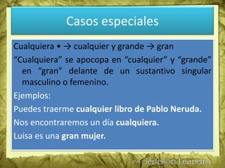 Adverbios en –• mente Cuando dos adverbios terminados en -mente van seguidos, sólo el segundo mantiene esta forma. El primero se pone en la forma femenina del adjetivo. Ejemplo: La responsabilidad es total y exclusivamente tuya.Casos especiales