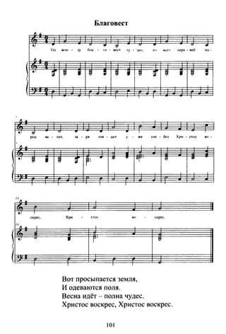 fl ~
tJ
fl
~)
:
fl ~
~) -d
род
"
fl ~
tJ
~
:
1
/~
fl ~
tJ 1
скрес.
/~ fl ~ 1
1 tJ ~
1 :
1
Благовест
.. "' .. -d ~
llo всю - д) бла 10 - вест гу - дltl·,
~ ~ j ~
' ~ j ~
1 1
v .. .. .. 1
ва . лит. за ря гли - дит )' же
j ~
1
1
~ r=
.. ~ .. ltr·
1 1 1
Хри сто с 80
1
• r·
1 1 1
Вот просыпается земля,
И одеваются поля.
Весна идёт- полна чудес.
..
111 НСС'
~ ~
сне - бес
fJ
- с к рее.
~
Христос воскрес, Христос воскрес.
101
~
..Itepк - вей
"".
j ~ ;
Xp~t - стос 80.
~
--
 