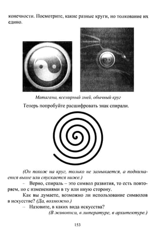 конечности. Посмотрите, какие разные круги, но толкование их
едино.
Матагшщ все.нирный з.ней, обычныii круг
Теперь попробуйте расшифровать знак спирали.
(Оп noxo.Jк па круг, только не за.wыкается, а подии.ttа­
ется выше или спускается пи.же.)
Верно, спираль - это символ развития, то есть повто­
ряем. но с изменениями в ту или иную сторону.
Как вы думаете, возможно ли использование символов
в искусстве? (Да, возмо.жно.)
Назовите, в каких вида искусства?
(В .живописи, в литературе, в архитеюпуре.)
53
 