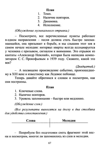 План
1. Темп.
2. Наличие повторов.
3. Динамика.
4. Исполнение.
(Обсуждение музыкального отрывка.)
- Посмотрите, все перечисленные пункты работают
в одном направлении - песня должна стать быстро запоми­
нающейся, она призывает к борьбе, и мы слышим этот зов в
самом начале мелодии: интервал кварты всегда ассоциируется
у человека с призывом, сигналом к вниманию. Это отрывок из
кантаты «Александр Невский», которая была написана компо­
зитором С. С. Прокофьевым в 1939 году. Скажите, какой это
век?
(Двадцатый.)
А посвящено произведение событию, произошедше­
му в XIII веке и известному как Ледовое побоище.
Теперь давайте обратимся к словам и посмотрим, как
они построены.
План
1. Ключевые слова.
2. Наличие повторов.
3. Уровень запоминания- быстро или медленно.
(Обсу.ждение слов.)
(Все результаты выносятся на доску в два столбика
для удобства сопоставления.)
Слова Мелодия
- Попробуем без подготовки спеть фрагмент этой пес­
ни и посмотрим, многое ли запомнилось из слов и мелодии.
67
 