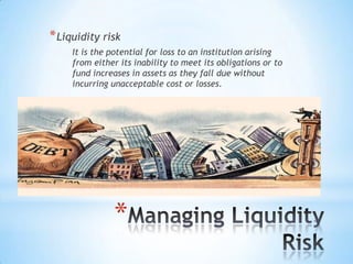 *
*Liquidity risk
It is the potential for loss to an institution arising
from either its inability to meet its obligations or to
fund increases in assets as they fall due without
incurring unacceptable cost or losses.
 