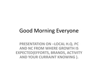 Good Morning Everyone
PRESENTATION ON –LOCAL H.Q. PC
AND NC FROM WHERE GROWTH IS
EXPECTED(EFFORTS, BRANDS, ACTIVITY
AND YOUR CURRAINT KNOWING ).
 