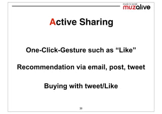 Active Sharing


  One-Click-Gesture such as “Like”

Recommendation via email, post, tweet

       Buying with tweet/Like


                  20
 