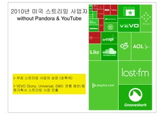2010년 미국 스트리밍 사업자
  without Pandora & YouTube




> 무료 스트리밍 사업자 성장 (초록색)

> VEVO (Sony, Universal, EMI): 전통 음반/음
원기획사 스트리밍 시장 진출
 