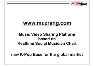 www.muzrang.com

   Music Video Sharing Platform
             based on
   Realtime Social Musician Chart

new K-Pop Base for the global market
                 9
 