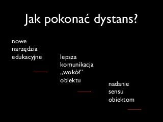 Jak pokonać dystans?
nowe
narzędzia
edukacyjne lepsza
komunikacja
„wokół”
obiektu
nadanie
sensu
obiektom
 