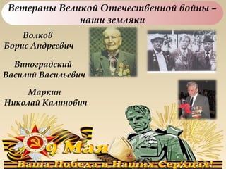 Ветераны Великой Отечественной войны –
              наши земляки
    Волков
Борис Андреевич

  Виноградский
Василий Васильевич
     Маркин
Николай Калинович
 