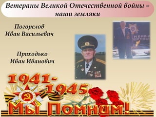 Ветераны Великой Отечественной войны –
             наши земляки
  Погорелов
Иван Васильевич


   Приходько
 Иван Иванович
 