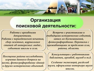 Организация
          поисковой деятельности:
       Работа с архивными            Встречи с участниками и
         документами.           очевидцами исторических событий,
Работа с периодической печатью,       запись их воспоминаний,
   сбор газетных, журнальных      фотографирование. Переписка с
 статей об интересных людях ,    проживающими за пределами села,
     событиях школы и села.              района, области.

                                    Консультации с работниками
 Посещение района исследования,    библиотек, архивов, музеев и т.д.
   изучение данного вопроса на
месте, фотографирование зданий      Создание экспозиций, разделов
и других исторических объектов.   музея, оформление интерьера музея
                                               школы.
 
