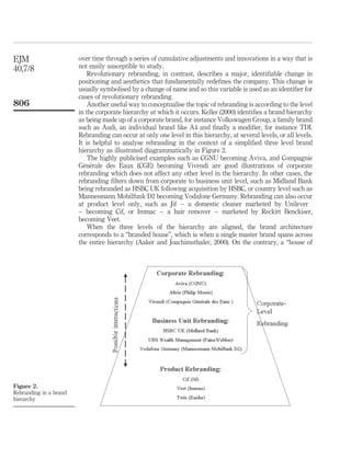 EJM                     over time through a series of cumulative adjustments and innovations in a way that is
40,7/8                  not easily susceptible to study.
                            Revolutionary rebranding, in contrast, describes a major, identiﬁable change in
                        positioning and aesthetics that fundamentally redeﬁnes the company. This change is
                        usually symbolised by a change of name and so this variable is used as an identiﬁer for
                        cases of revolutionary rebranding.
806                         Another useful way to conceptualise the topic of rebranding is according to the level
                        in the corporate hierarchy at which it occurs. Keller (2000) identiﬁes a brand hierarchy
                        as being made up of a corporate brand, for instance Volkswagen Group, a family brand
                        such as Audi, an individual brand like A4 and ﬁnally a modiﬁer, for instance TDI.
                        Rebranding can occur at only one level in this hierarchy, at several levels, or all levels.
                        It is helpful to analyse rebranding in the context of a simpliﬁed three level brand
                        hierarchy as illustrated diagrammatically in Figure 2.
                            The highly publicised examples such as CGNU becoming Aviva, and Compagnie
                          ´ ´
                        Generale des Eaux (CGE) becoming Vivendi are good illustrations of corporate
                        rebranding which does not affect any other level in the hierarchy. In other cases, the
                        rebranding ﬁlters down from corporate to business unit level, such as Midland Bank
                        being rebranded as HSBC UK following acquisition by HSBC, or country level such as
                        Mannesmann Mobilfunk D2 becoming Vodafone Germany. Rebranding can also occur
                        at product level only, such as Jif – a domestic cleaner marketed by Unilever
                        – becoming Cif, or Immac – a hair remover – marketed by Reckitt Benckiser,
                        becoming Veet.
                            When the three levels of the hierarchy are aligned, the brand architecture
                        corresponds to a “branded house”, which is when a single master brand spans across
                        the entire hierarchy (Aaker and Joachimsthaler, 2000). On the contrary, a “house of




Figure 2.
Rebranding in a brand
hierarchy
 