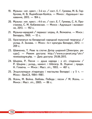 158
19. Музыка : нот. хрест. : 3-й кл. / сост. Е. Г. Гуляева, М. Б. Гор-
бунова, И. В. Ящембская-Колёса. — Минск : Адукацыя і вы-
хаванне, 2013. — 184 с.
20. Музыка : нот. хрест. : 4-й кл. / сост. Е. Г. Гуляева, С. А. Про-
стакова, С. М. Кобачевская. — Минск : Адукацыя і выхаван-
не, 2013. — 192 с.
21. Музыка-чарадзей / пераказ і апрац. А. Якімовіча. — Мінск :
Беларусь, 1969. — 12 с.
22. Хрэстаматыя па беларускай народнай музычнай творчасці /
уклад. Л. Зыкава. — Мінск : Iн-т культуры Беларусі, 2012. —
209 с.
23. Шевченко, Т. Реве та стогне Дніпр широкий [Электрон. ре-
сурс]. — Режим доступа: http://www.a-pesni.org/ukr/
revetastogne.php. — Дата доступа: 29.06.2013.
24. Шырма, Р. Песня — душа народа : з літ. спадчыны /
Р. Шырма ; уклад., камент. і бібліягр. В. Ліцвінкі ; прадм.
Н. Гілевіча. — Мінск : Маст. літ., 1993. — 407 с.
25. Энцыклапедыя літаратуры і мастацтва Беларусі : у 5 т. —
Мінск : БелСЭ, 1984—1987.
26. Ясень, М. Война. Любовь. Победа : песни / М. Ясень. —
Минск : Маст. літ., 2005. — 86 с.
Правообладатель Пачатковая школа
 