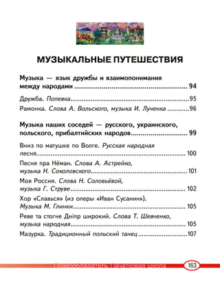 163
МУЗЫКАЛЬНЫЕ ПУТЕШЕСТВИЯ
Музыка — язык дружбы и взаимопонимания
между народами .......................................................... 94
Дружба. Попевка.................................................................95
Рамонка. Слова А. Вольского, музыка И. Лученка ............96
Музыка наших соседей — русского, украинского,
польского, прибалтийских народов............................. 99
Вниз по матушке по Волге. Русская народная
песня.................................................................................. 100
Песня пра Нёман. Слова А. Астрейко,
музыка Н. Соколовского..................................................... 101
Моя Россия. Слова Н. Соловьёвой,
музыка Г. Струве ............................................................... 102
Хор «Славься» (из оперы «Иван Сусанин»).
Музыка М. Глинки.............................................................. 105
Реве та стогне Дніпр широкий. Слова Т. Шевченко,
музыка народная............................................................... 105
Мазурка. Традиционный польский танец ...........................107
Правообладатель Пачатковая школа
 
