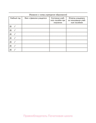 (Название и номер учреждения образования)
Учебный год Имя и фамилия учащегося Состояние учеб-
ного пособия при
получении
Отметка учащемуся
за пользование учеб-
ным пособием
20 /
20 /
20 /
20 /
20 /
20 /
20 /
Правообладатель Пачатковая школа
 
