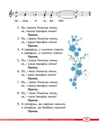 25
2. Ох, палола Ульяніца лянок,
ох, палола Iванаўна лянок!
Припев.
3. Ох, і рвала Ульяніца лянок,
ох, і рвала Iванаўна лянок!
Припев.
4. А сарваўшы, у снапочкі ставіла,
а сарваўшы, у снапочкі ставіла.
Припев.
5. Ох, і слала Ульяніца лянок,
ох, і слала Iванаўна лянок!
Припев.
6. Ох, і мяла Ульяніца лянок,
ох, і мяла Iванаўна лянок!
Припев.
7. Ох, і прала Ульяніца лянок,
ох, і прала Iванаўна лянок!
Припев.
8. Ох, і ткала Ульяніца лянок,
ох, і ткала Iванаўна лянок!
Припев.
9. А саткаўшы, ды сарочак нашыла,
а саткаўшы, ды бялёвых нашыла!
Припев.
Правообладатель Пачатковая школа
 