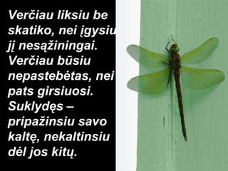 Verčiau liksiu be skatiko, nei įgysiu jį nesąžiningai.  Verčiau būsiu nepastebėtas, nei pats girsiuosi.  Suklydęs – pripažinsiu savo kaltę, nekaltinsiu dėl jos kitų.  