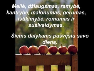 Meilė, džiaugsmas, ramybė, kantrybė, malonumas, gerumas, ištikimybė, romumas ir susivaldymas. Šiems dalykams pašvęsiu savo dieną. 