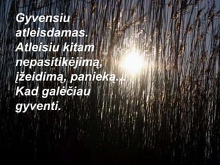 Gyvensiu atleisdamas.  Atleisiu kitam nepasitikėjimą, įžeidimą, panieką...  Kad galėčiau gyventi.  