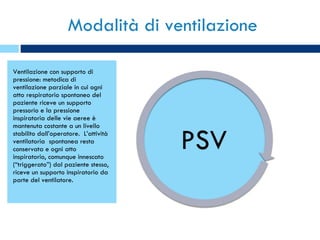 Modalità di ventilazione Ventilazione con supporto di pressione: metodica di ventilazione parziale in cui ogni atto respiratorio spontaneo del paziente riceve un supporto pressorio e la pressione inspiratoria delle vie aeree è mantenuta costante a un livello stabilito dall’operatore.  L’attività ventilatoria  spontanea resta conservata e ogni atto inspiratorio, comunque innescato (“triggerato”) dal paziente stesso, riceve un supporto inspiratorio da parte del ventilatore. 