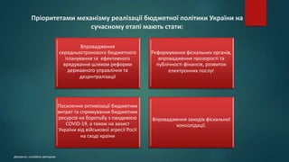 Пріоритетами механізму реалізації бюджетної політики України на
сучасному етапі мають стати:
Джерело: складено автором
Впровадження
середньострокового бюджетного
планування та ефективного
врядування шляхом реформи
державного управління та
децентралізації
Реформування фіскальних органів,
впровадження прозорості та
публічності фінансів, розвиток
електронних послуг
Посилення оптимізації бюджетних
витрат та спрямування бюджетних
ресурсів на боротьбу з пандемією
COVID-19, а також на захист
України від військової агресії Росії
на сході країни
Впровадження заходів фіскальної
консолідації.
 