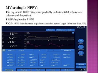 MV setting in NPPV:
PS: begin with 10 H2O increase gradually to desired tidal volume and
tolerance of the patient
PEEP: begin with 5 H2O
FiO2: 100% then decrease as patient saturation permit target to be less than 50%
 