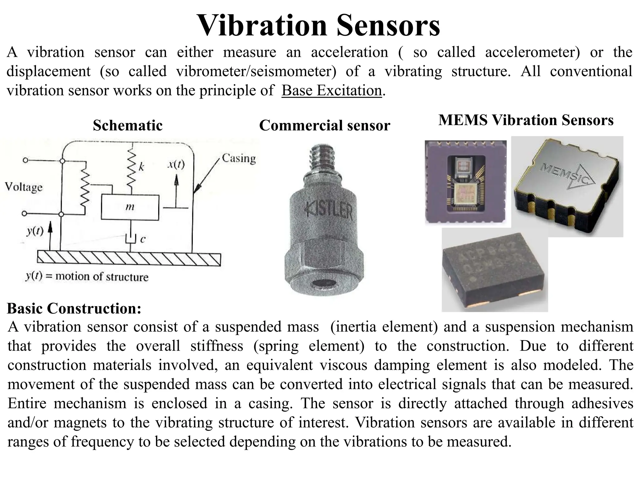 Vibration Sensors
A vibration sensor can either measure an acceleration ( so called accelerometer) or the
displacement (so called vibrometer/seismometer) of a vibrating structure. All conventional
vibration sensor works on the principle of Base Excitation.
Basic Construction:
A vibration sensor consist of a suspended mass (inertia element) and a suspension mechanism
that provides the overall stiffness (spring element) to the construction. Due to different
construction materials involved, an equivalent viscous damping element is also modeled. The
movement of the suspended mass can be converted into electrical signals that can be measured.
Entire mechanism is enclosed in a casing. The sensor is directly attached through adhesives
and/or magnets to the vibrating structure of interest. Vibration sensors are available in different
ranges of frequency to be selected depending on the vibrations to be measured.
Schematic Commercial sensor MEMS Vibration Sensors
 