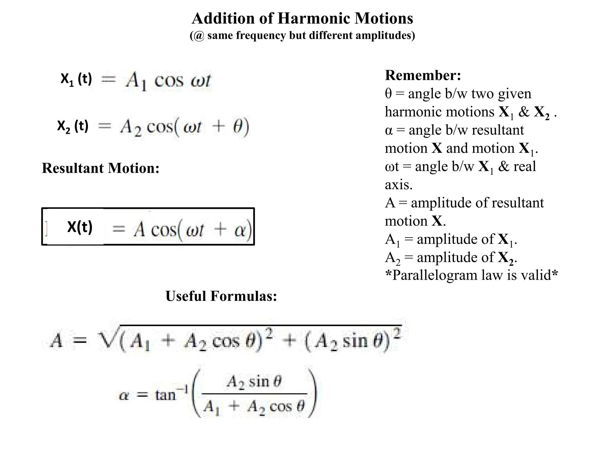 Addition of Harmonic Motions
(@ same frequency but different amplitudes)
X1 (t)
X2 (t)
Resultant Motion:
X(t)
Remember:
θ = angle b/w two given
harmonic motions X1 & X2 .
α = angle b/w resultant
motion X and motion X1.
ωt = angle b/w X1 & real
axis.
A = amplitude of resultant
motion X.
A1 = amplitude of X1.
A2 = amplitude of X2.
*Parallelogram law is valid*
Useful Formulas:
 