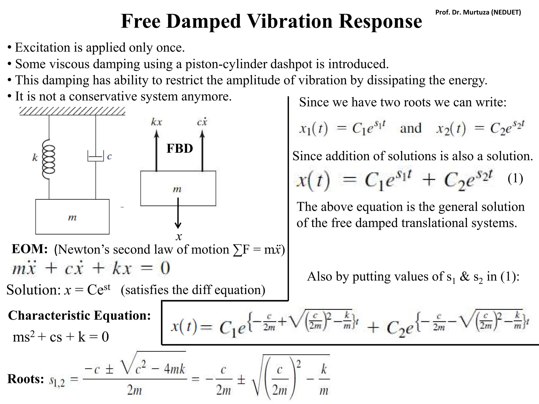 Free Damped Vibration Response
• Excitation is applied only once.
• Some viscous damping using a piston-cylinder dashpot is introduced.
• This damping has ability to restrict the amplitude of vibration by dissipating the energy.
• It is not a conservative system anymore.
EOM:
FBD
x
(Newton’s second law of motion ∑F = mẍ)
Characteristic Equation:
ms2 + cs + k = 0
Solution: x = Cest
Roots:
(satisfies the diff equation)
Since we have two roots we can write:
Since addition of solutions is also a solution.
The above equation is the general solution
of the free damped translational systems.
Also by putting values of s1 & s2 in (1):
(1)
Prof. Dr. Murtuza (NEDUET)
 