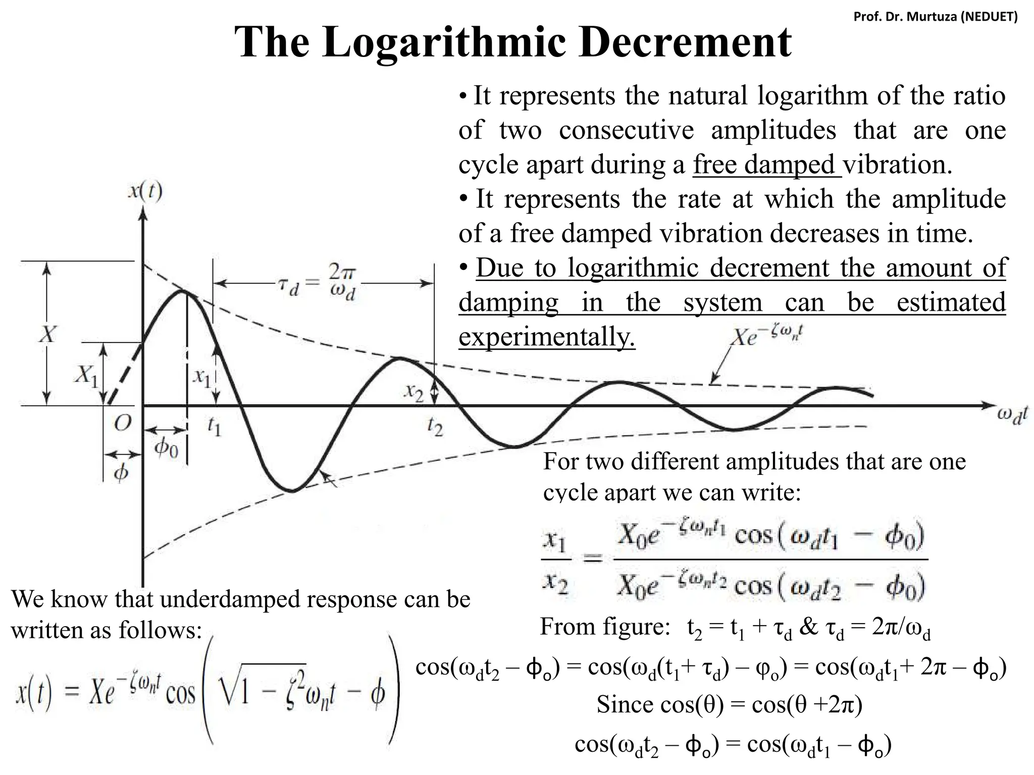 The Logarithmic Decrement
• It represents the natural logarithm of the ratio
of two consecutive amplitudes that are one
cycle apart during a free damped vibration.
• It represents the rate at which the amplitude
of a free damped vibration decreases in time.
• Due to logarithmic decrement the amount of
damping in the system can be estimated
experimentally.
We know that underdamped response can be
written as follows:
For two different amplitudes that are one
cycle apart we can write:
From figure: t2 = t1 + τd & τd = 2π/ωd
cos(ωdt2 – φo) = cos(ωd(t1+ τd) – φo) = cos(ωdt1+ 2π – φo)
Since cos(θ) = cos(θ +2π)
cos(ωdt2 – φo) = cos(ωdt1 – φo)
Prof. Dr. Murtuza (NEDUET)
 