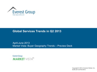 Global Services Trends in Q2 2013

April-June 2013
Market Vista: Buyer Geography Trends – Preview Deck

Copyright © 2013, Everest Global, Inc.
EGR-2013-8-PD-0918

 