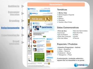 Formatos DiferenciadosAudiênciaConsumer EducationIntervençãoBrandingRelacionamentoBackground personalizadoExperimentaçãoBrandAdvocatesTV Minha VidaA TV Minha Vida é uma biblioteca de vídeos de receitas, alimentação, beleza, saúde e bem-estar distribuída por todo conteúdo do portal para mais de 3 milhões de usuários únicos/mês e também através das newsletter para os mais de 2.5 milhões de cadastrados ativos.