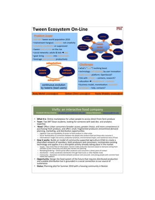 A0"")#7?,161&"=#F)GV/)"
 K*'!D/7%H&'A/                                                      %"$(#
                                                                                       >$=/)>
• HHA%%$J)),%J2*75%(2(07#L2,%PA@A                              /B")**"1
                                                                                                      ?,==8)/?$*,)M
• 3#&,'$*)#3%"#,E20$M%1227,)''%,2$%1*)#L6&$;                                                             1'$%/)>
                                                                                    &0"")
• 1*)#L6&$;%17#,5)'L,)%2*%'0((*)'')5                     +/%&8$(#0,%(BM#
                                                             $+$&$%1
                                                                                    1,?/$(
• $J)),%L3)%2,B7&,)%2,%$")%*&')                                                    )"&0,%.
                                                                                                          "B8?$*,)
• '21%,)$J2*S'M%#507$'%8%S&5'%!%E#(
• E2#7M%9*&,E%1*)#L6&$;%&,$2%3#&,'$*)#3                                    ?%"$*+/&6     ")&"%&$/)=")&
• 7)6)*#E)%())*%(*)''0*)%(*2501L6)7;
               adaptation
                                                            L."DD/#;/+
                                                          • J"#$o'%u3&&#v.%)6276&,E%9)#'$
     tween                           virtual
                                                          • $)1",272E;M%')7-%#5#(L,E%9;%0')*%&,,26#L2,
      users                         network
                                                          • 2(),%'20*1)%(7#n2*3M%/(),K21.
                                                          • 7&,S%J&$"%'1"227'%BB%12,$#1$':%*)')#*1".
                 adoption                                 • )501#L2,%!%)50$#&,3),$%b%12,$)'$'
         continuous evolution                             • 90'&,)''%325)7:%32,)LZ#L2,M%#11)''&97)
        by tweens (lead users)                            • (*2$2$;()%BB%")7(:%12,$#1$'.

Andy Merkin amerkin@mit                 Seiken Chino schino@mit                    Nadia Shalaby shalaby@mit




                       `&6&-;M%#,%&,$)*#1L6)%-225%123(#,;
   ]7&Z#9)$"%1`#;%N*)),)%e%)7&Z#9)$"RE*)),)T'72#,R3&$R)50:%V)''&1#%#Z2,'2,%e%l3#Z2,'2T3&$R)50


 • !'$&#/&#/1M%/,7&,)%3#*S)$(7#1)%-2*%0*9#,%()2(7)%$2%#11)''%5&*)1$B-*23B-#*3%(*2501)
 • A"$=M%+J2%4+%K72#,%'$05),$'Å%722S&,E%-2*%'23)2,)%J&$"%J)9%5)6R%#,5%#,#7;L1'
   )=()*L')
 • %U""BM%/~)*'%0*9#,%12,'03)*'%9*2#5)*%#11)'':%E*)#$)*%1"2&1):%#,5%32*)%12,6),&),1)%&,
   (0*1"#'&,E%-*)'"%(*2501):%#,5%2~)*'%'3#77:%-*#E3),$)5%(*2501)*'%'$*)#37&,)5%5)3#,5
   (7#,,&,E:%3#*S)L,E:%#,5%5&'$*&90L2,%2((2*$0,&L)'
    – a2E&'L1#7M%]#')%#,5%)r0&$#9&7&$;%2-%#11)''%$2%-*)'"%(*2501)%&,%0*9#,%#*)#'
    – K21M%i)6&$#7&Z#L2,%2-%12,,)1L2,%9)$J)),%$")%()2(7)%J"2%(*2501)%-225%#,5%$"2')%J"2%12,'03)%&$
    – 4,-2*3#L2,#7M%4,'&E"$%&,$2%'20*1):%(*2501L2,%(*#1L1)':%),6&*2,3),$#7%&3(#1$:%#,5%,0$*&L2,#7%6#70)%2-%-225
 • L,0#/ ,%.1M%Q0&75'%2,%325)7%2-%12330,&$;B'0((2*$)5%#E*&107$0*)%>OKYD%$2%1*)#$)%#
   5&6)*'&<)5%,)$J2*S%2-%3)39)*':%92$"%(*2501)*'%#,5%12,'03)*'Å%&,12*(2*#$)'%)=&'L,E
   $)1",272E;%#,5%#((7&)'%&$%$2%#%5&'*0(L6)%#1L6&$;%#7*)#5;%$#S&,E%(7#1)%&,%$")%3#*S)$
    – K0((7;%e%f2,B7&,)#*%|2J%2-%&,-2*3#L2,Å%-#*3)*'%3#S)%(*2501L2,%5)1&'&2,'%9#')5%2,%5)3#,5%123&,E%-*23
      3)39)*'%2-%$")%12330,&$;%#,5%J"#$%())*%-#*3)*'%#*)%(7#,,&,E
    – #*S)L,E^/*5)*&,E%e%/,7&,)%(2*$#7%2~)*'%(*2501)*'%#,5%12,'03)*'%#%5&*)1$%(2&,$B2-B12,$#1$
    – k&'$*&90L2,%e%`&6&-;%122*5&,#$)'%5&'$*&90L2,%$"*20E"%-225%$*01S'%2*%2$")*%|)=&97)%325)
    – O2330,&$;%e%i)6&$#7&Z)'%12,,)1L2,%9)$J)),%(*2501)*%#,5%12,'03)*:%#,5%#32,E%()2(7)%J&$"%12332,%-225
      ,))5'%#,5%$*#5&L2,'
 • F;;,%&8)/&63#k)'&E,%$")%-225%';'$)3%2-%$")%-0$0*)%$"#$%*)r0&*)'%5&'$*&90$)5%(*2501L2,
   #,5%'1#7#97)%5&'$*&90L2,%90$%&'%E*20,5)5%&,%#%'21%12,,)1L2,%$2%20*%'20*1)%2-
   '0'$),#,1)
 • <&$&813#_7#,,&,E%(&72$%-2*%K033)*%PA@A%J&$"%#%"20'&,E%12330,&$;%&,%Q2'$2,
 