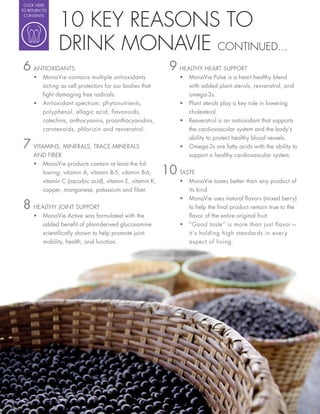 CLICK HERE




                10 KEY REASONS TO
TO RETURN TO
 CONTENTS




                DRINK MONAVIE CONTINUED...
6 ANTIOXIDANTS                                                9 HEALTHY HEART SUPPORT
          MonaVie contains multiple antioxidants                   MonaVie Pulse is a heart healthy blend
          acting as cell protectors for our bodies that            with added plant sterols, resveratrol, and
           ght damaging free radicals.                             omega-3s.
          Antioxidant spectrum: phytonutrients,                    Plant sterols play a key role in lowering
          polyphenol, ellagic acid, flavonoids,                    cholesterol.
          catechins, anthocyanins, proanthocyanidins,              Resveratrol is an antioxidant that supports
          carotenoids, phlorizin and resveratrol.                  the cardiovascular system and the body’s
                                                                   ability to protect healthy blood vessels.
7 VITAMINS, MINERALS, TRACE MINERALS                               Omega-3s are fatty acids with the ability to
     AND FIBER                                                     support a healthy cardiovascular system.
          MonaVie products contain at least the fol-
          lowing: vitamin A, vitamin B-5, vitamin B-6,       10 TASTE
          vitamin C (ascorbic acid), vitamin E, vitamin K,         MonaVie tastes better than any product of
          copper, manganese, potassium and ber.                    its kind.
                                                                   MonaVie uses natural avors (mixed berry)
8 HEALTHY JOINT SUPPORT                                            to help the nal product remain true to the
          MonaVie Active was formulated with the                     avor of the entire original fruit.
          added bene t of plant-derived glucosamine                “Good taste” is more than just flavor—
          scienti cally shown to help promote joint                it‘s holding high standards in every
          mobility, health, and function.                          aspect of living.
 