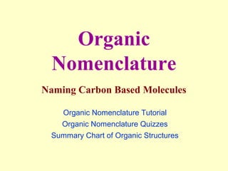 Organic
Nomenclature
Naming Carbon Based Molecules
Organic Nomenclature Tutorial
Organic Nomenclature Quizzes
Summary Chart of Organic Structures
 
