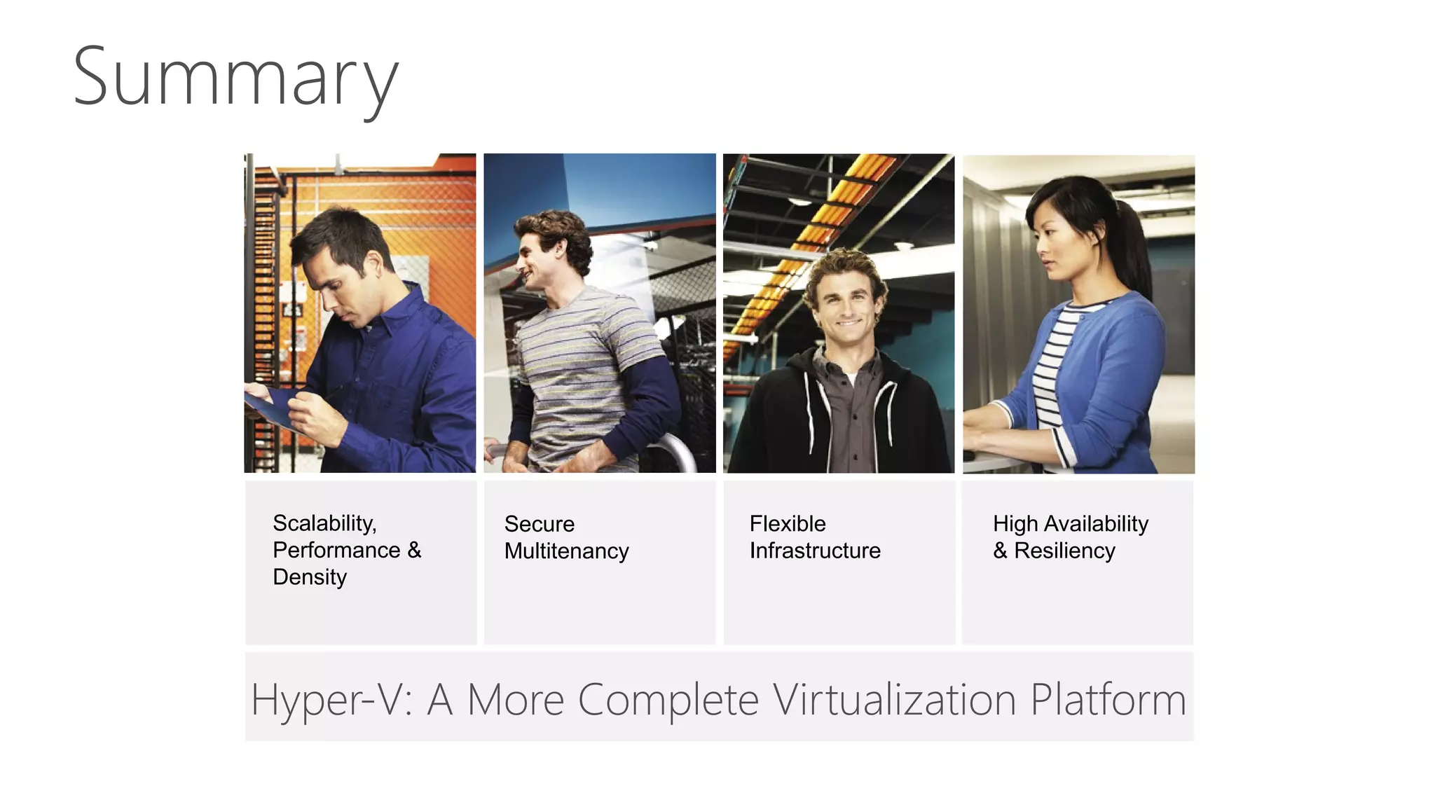 Summary
Hyper-V: A More Complete Virtualization Platform
Scalability,
Performance &
Density
Secure
Multitenancy
Flexible
Infrastructure
High Availability
& Resiliency
 
